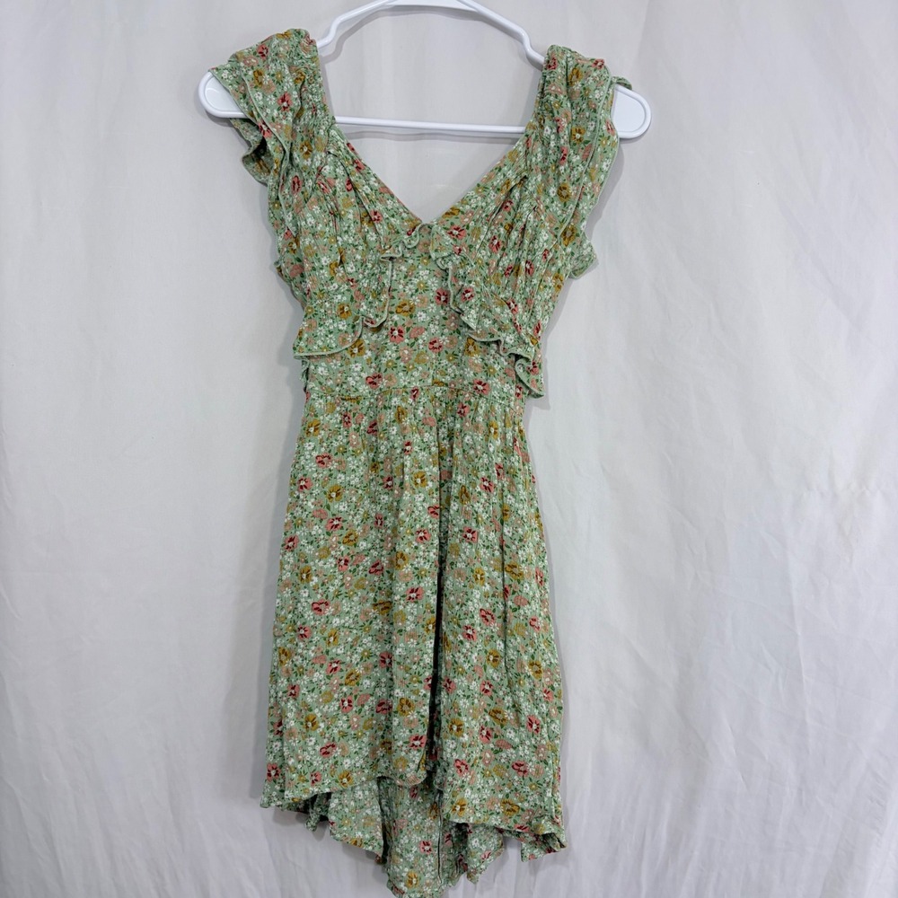 Mel + Rose Floral Ruffle Strap Dress Womens Green Tie Front Cottagecore